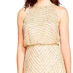 adrianna papell art deco beaded blouson dress with halter neckline Luxury Beaded Champagne Long Sleeves Mermaid Evening Dress SS686 – DreamyVow